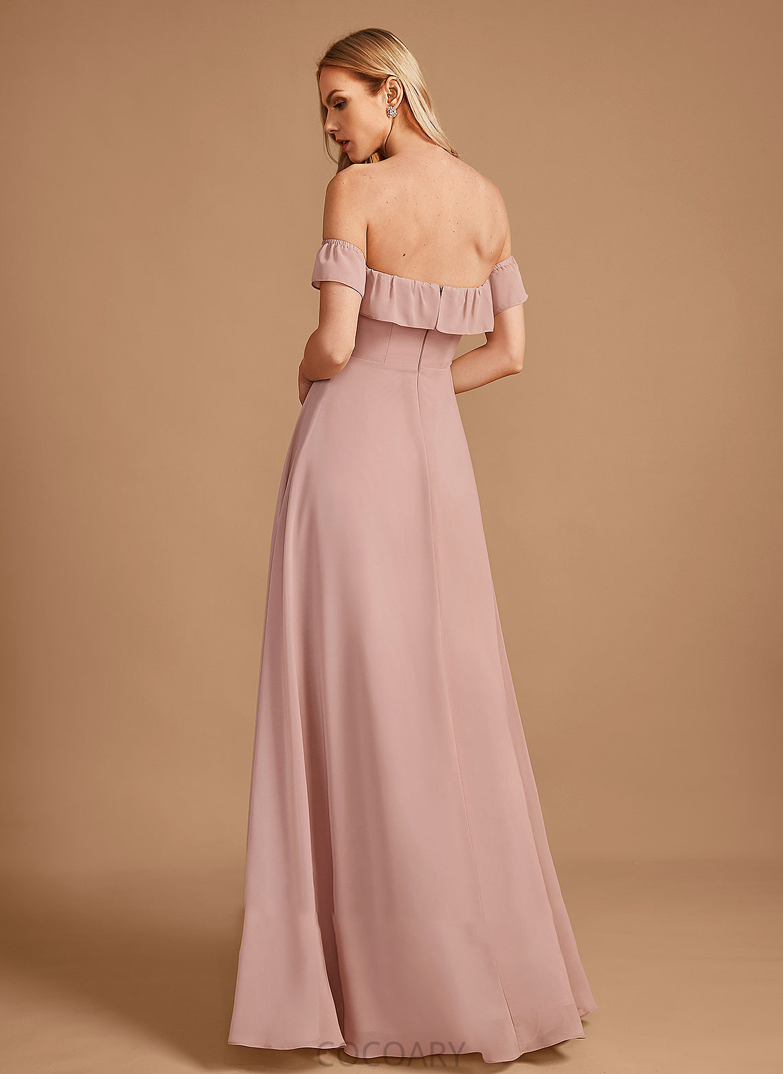 Length Ruffle Floor-Length Embellishment A-Line Off-the-Shoulder Neckline Silhouette Fabric Rebecca A-Line/Princess Natural Waist Bridesmaid Dresses