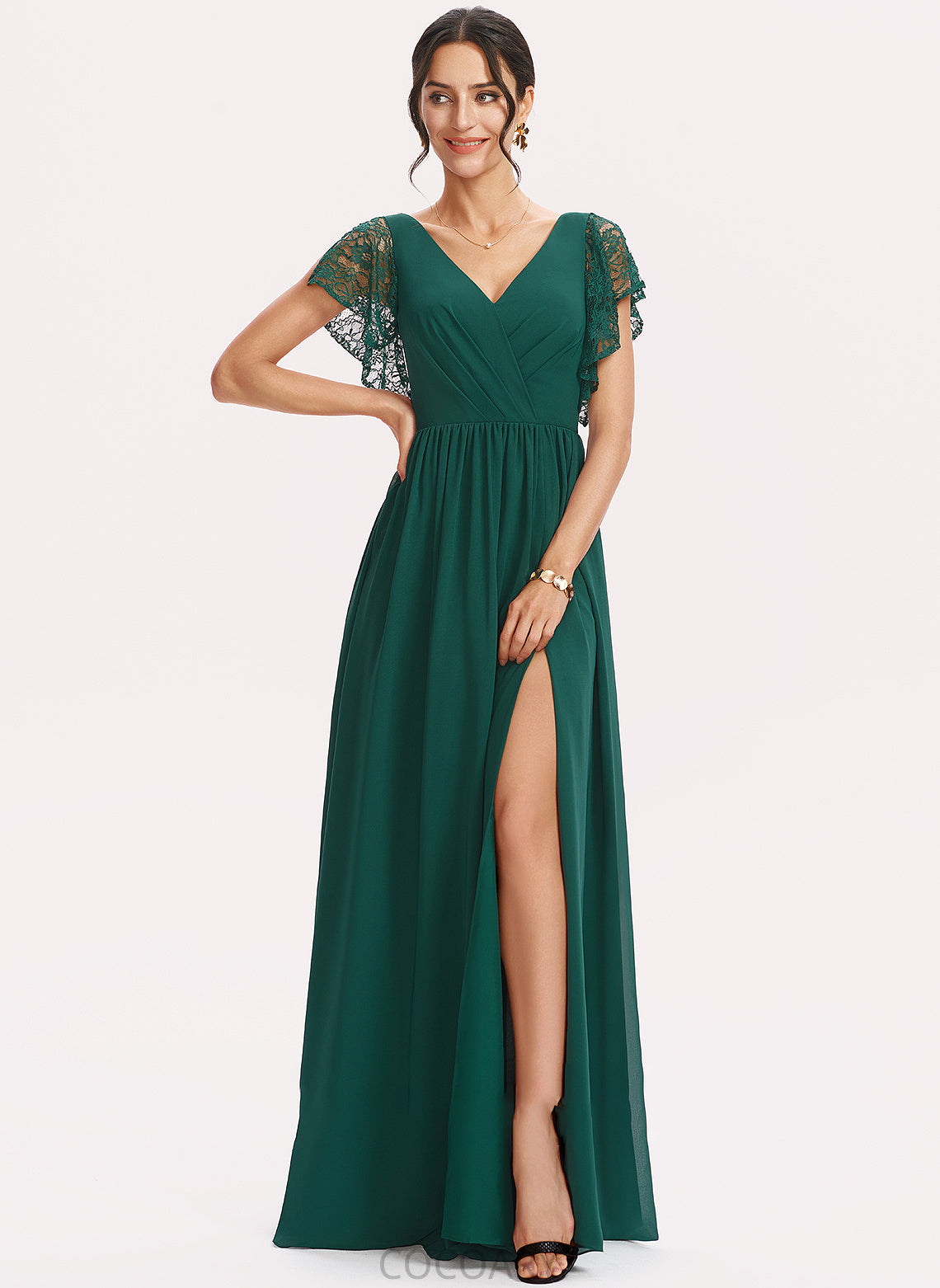 Embellishment Floor-Length Length A-Line Fabric Silhouette SplitFront V-neck Neckline Lace Delaney Sleeveless Bridesmaid Dresses