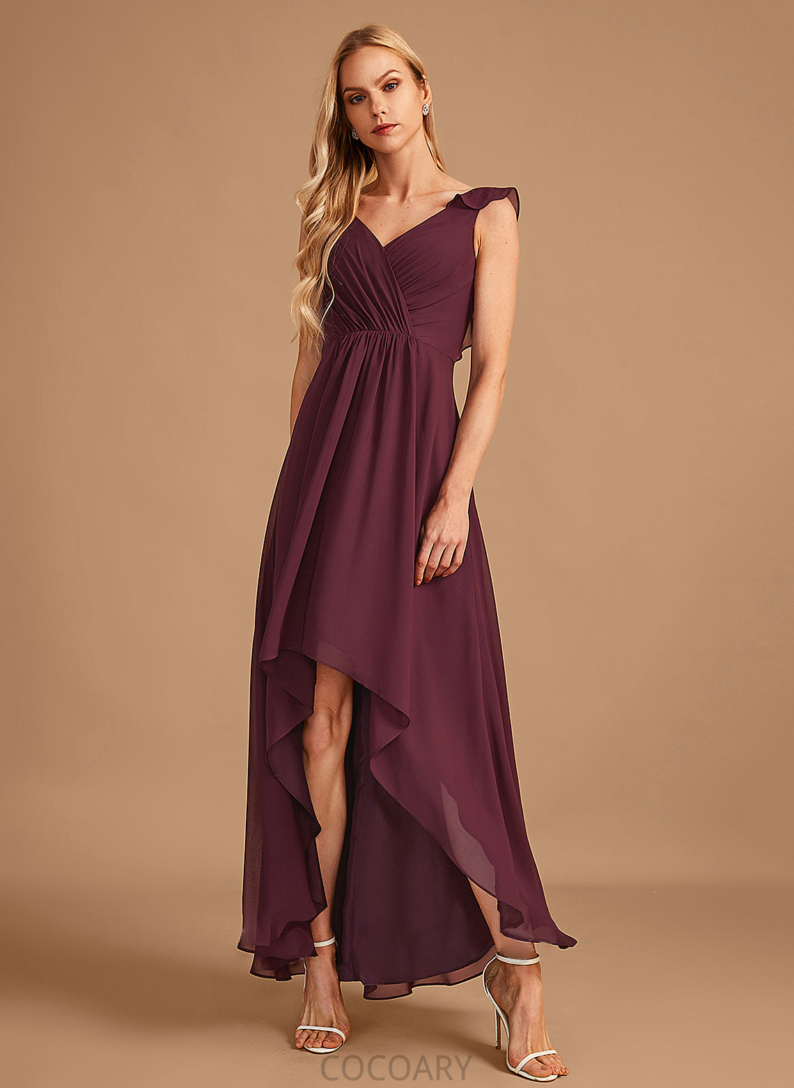 Length Silhouette A-Line Fabric Neckline V-neck Embellishment Ruffle Asymmetrical Hailie One Shoulder Sleeveless Bridesmaid Dresses