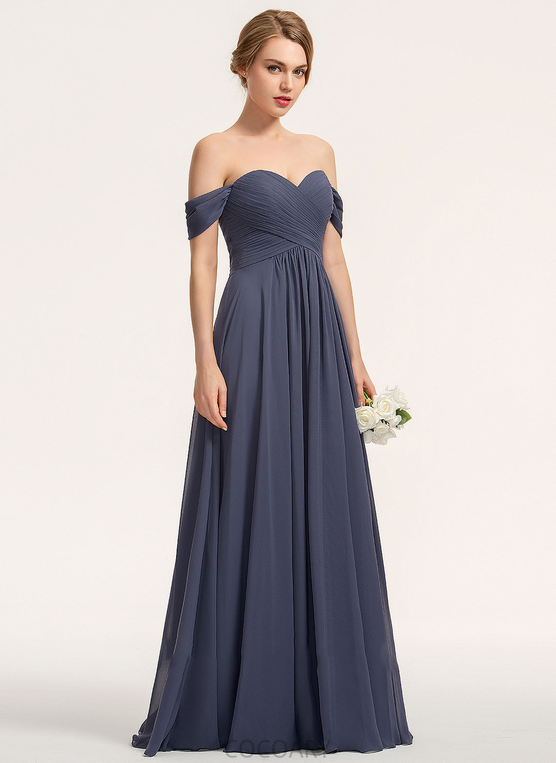 Length Floor-Length A-Line Silhouette Neckline Fabric Off-the-Shoulder Ruffle Embellishment Nicole Natural Waist V-Neck Bridesmaid Dresses