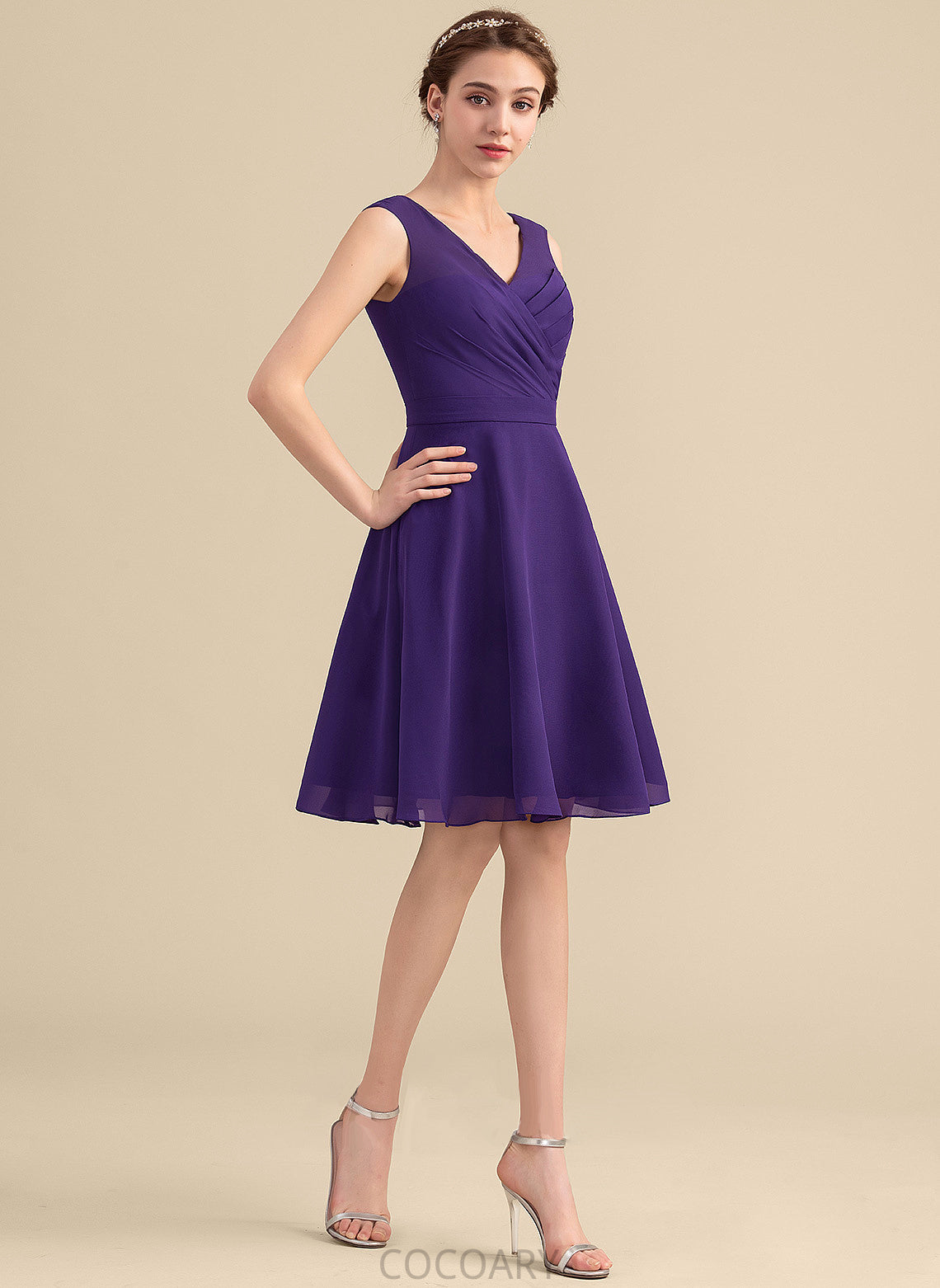 Silhouette Ruffle Knee-Length V-neck Neckline Embellishment A-Line Fabric Length Damaris Sleeveless Spaghetti Staps Bridesmaid Dresses