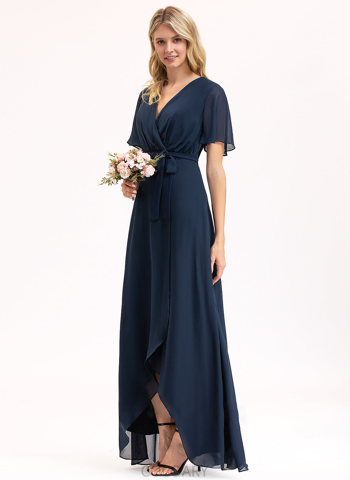 Silhouette Length Fabric A-Line Neckline Embellishment Asymmetrical Bow(s) V-neck Addyson Floor Length V-Neck Bridesmaid Dresses