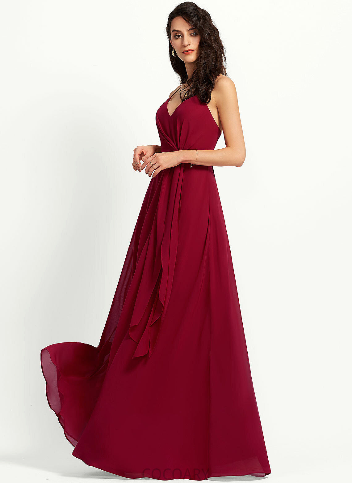 V-neck Fabric Floor-Length Embellishment Neckline Silhouette Length Ruffle A-Line Shania Floor Length Spaghetti Staps Bridesmaid Dresses