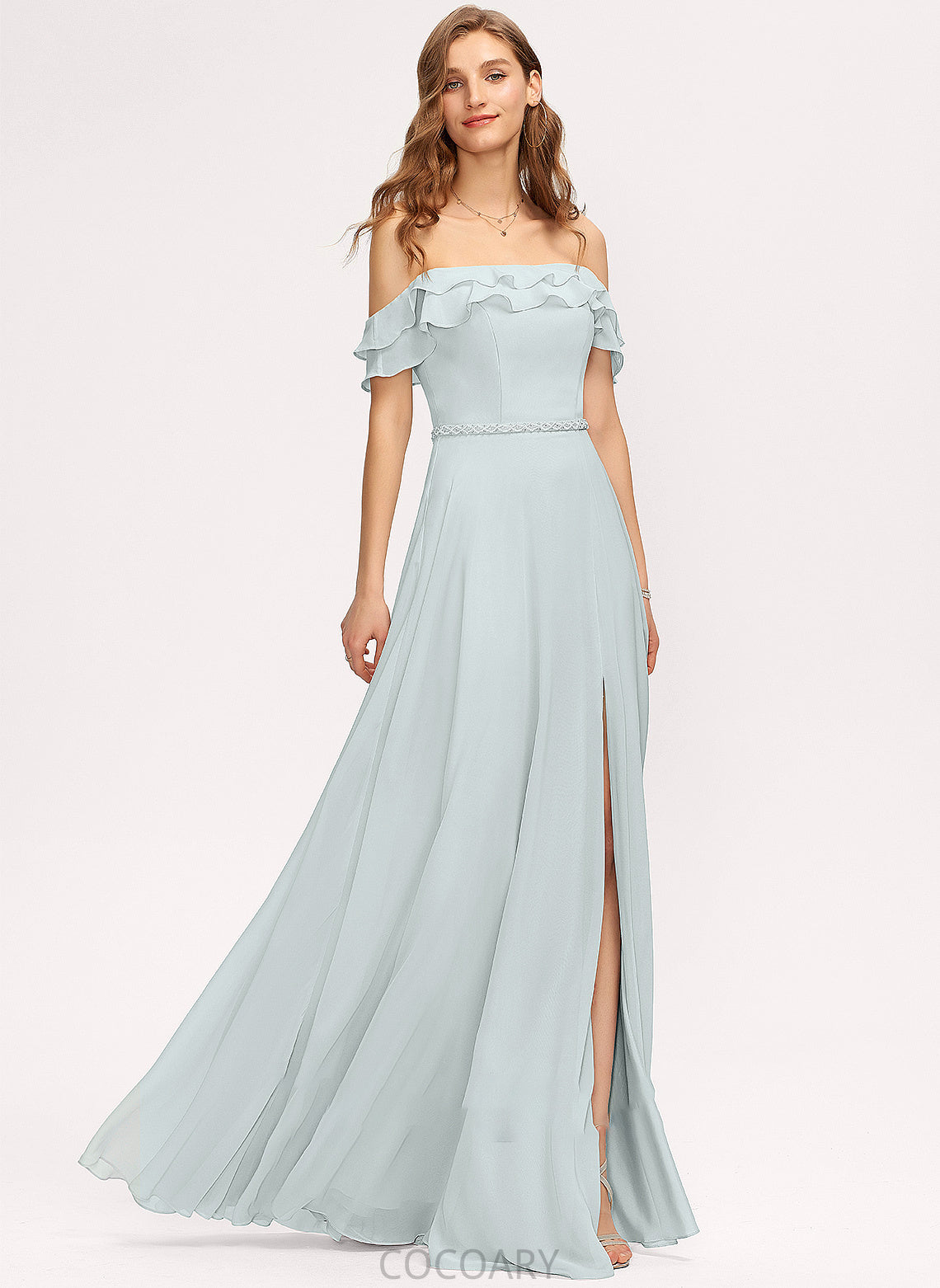 SplitFront Off-the-Shoulder Floor-Length Silhouette Length CascadingRuffles Beading Neckline Fabric Embellishment A-Line Minnie Bridesmaid Dresses