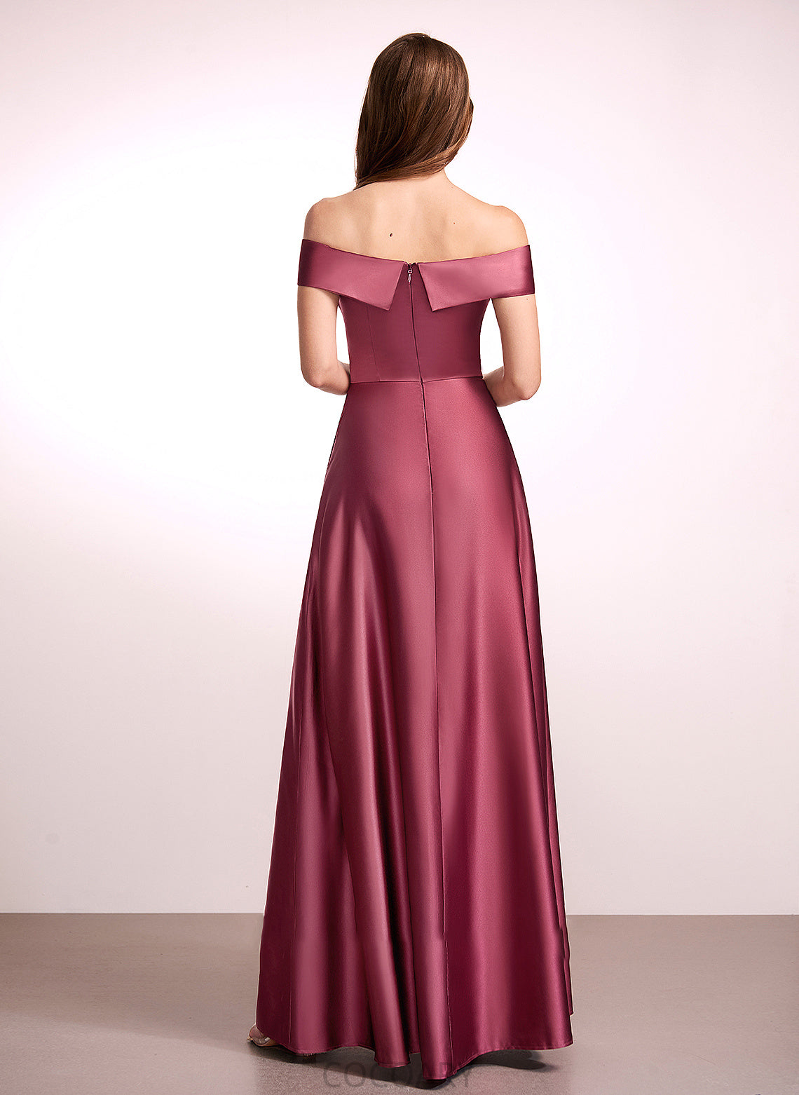 Off-the-Shoulder A-Line Fabric Floor-Length Length SplitFront Silhouette Neckline Embellishment Destiney Natural Waist V-Neck Bridesmaid Dresses