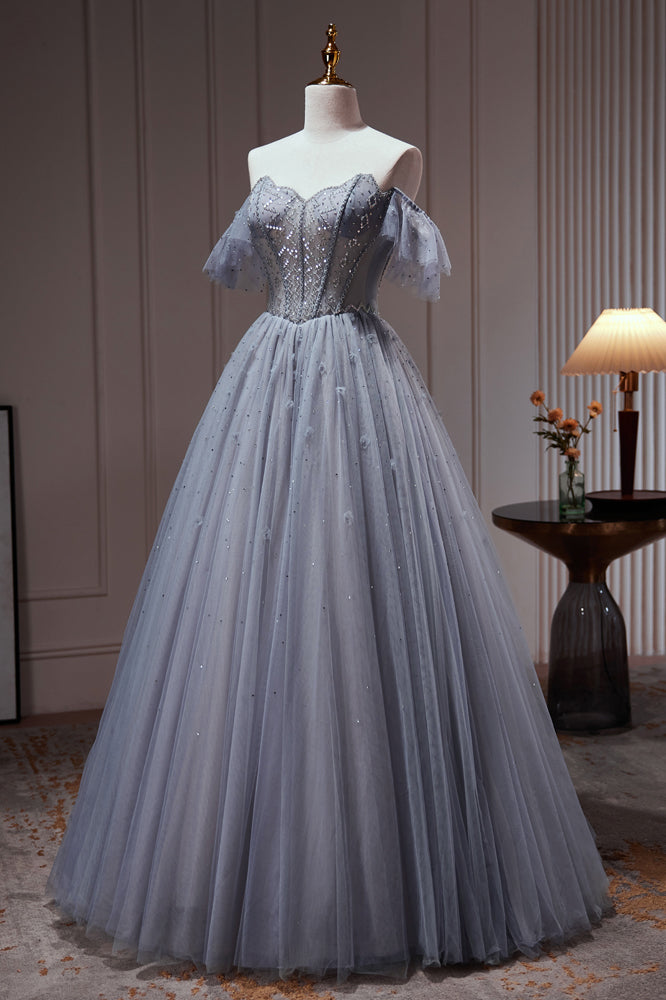 Chic Dusty Blue Beading Off The Shoulder A Line Tulle Long Prom Dresses