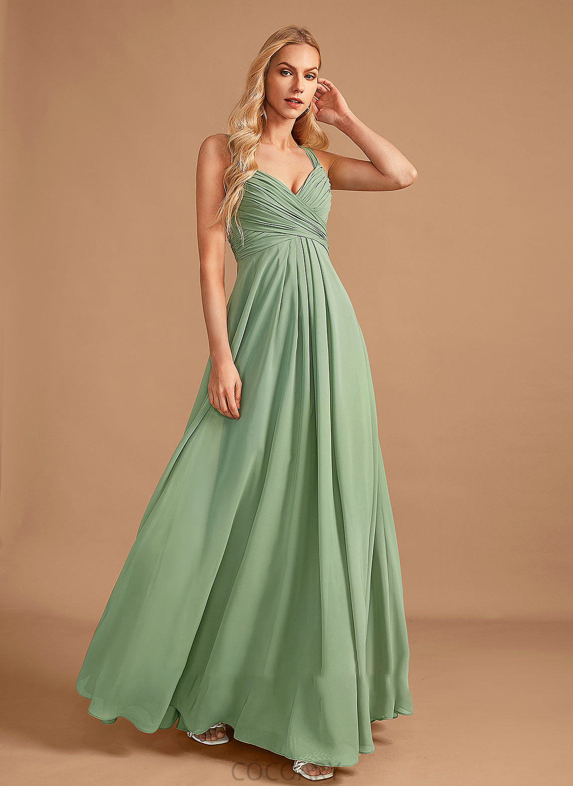 Neckline Length Ruffle Floor-Length Embellishment Silhouette A-Line V-neck Fabric Jacquelyn Natural Waist Sleeveless Bridesmaid Dresses