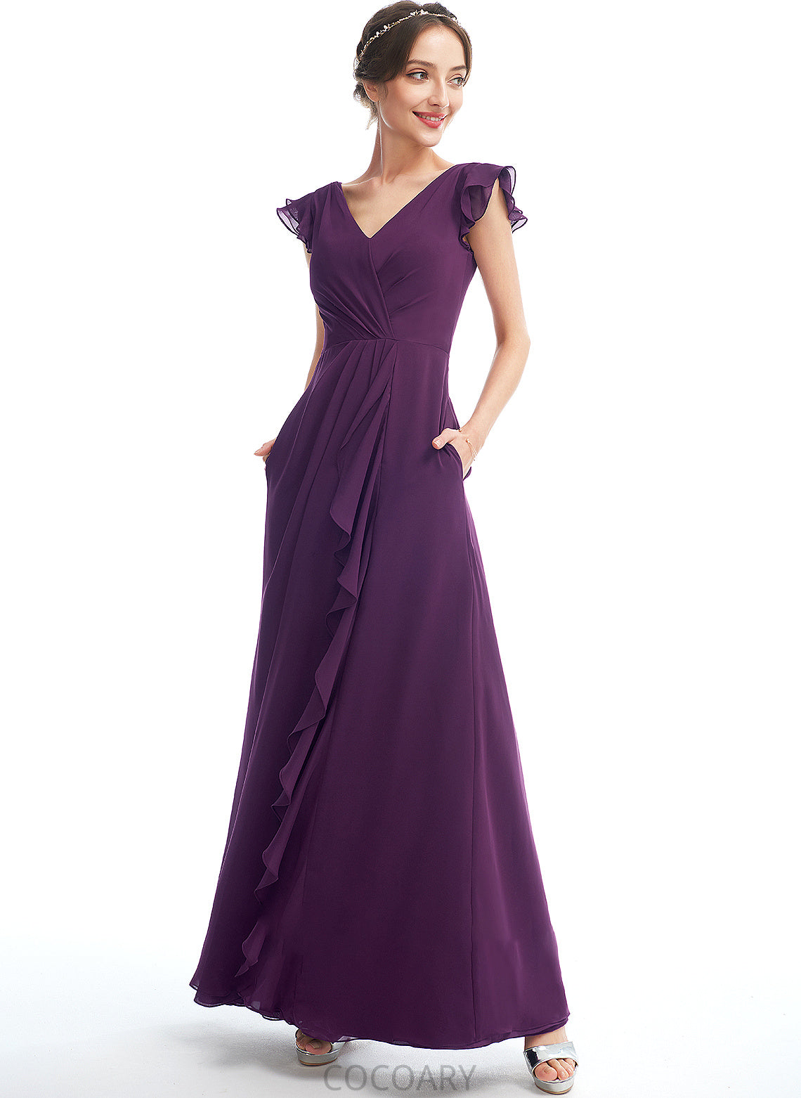 Floor-Length A-Line Length Silhouette Embellishment Neckline Pockets Fabric V-neck Ruffle Adison V-Neck Bridesmaid Dresses