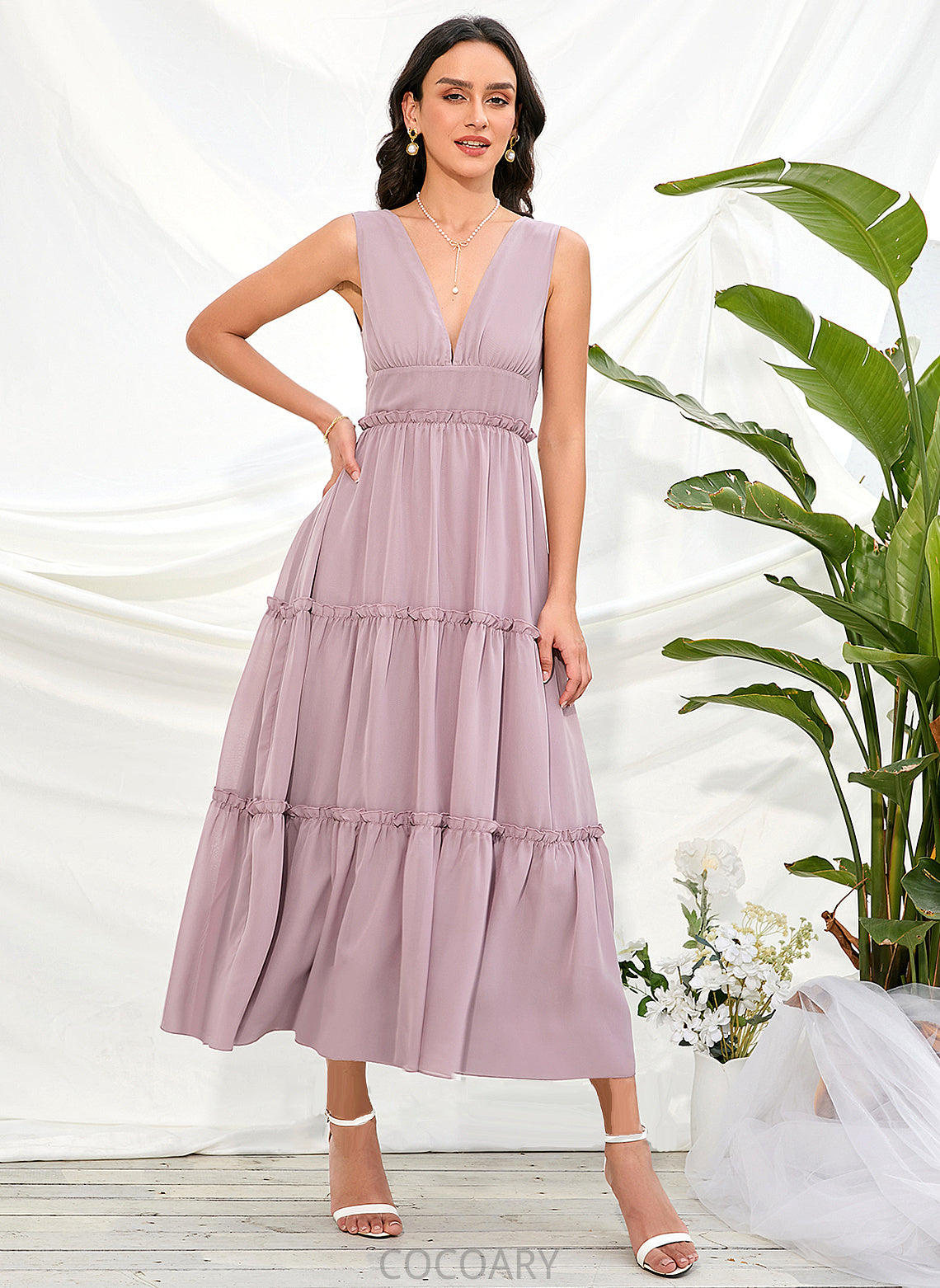 Tea-Length Length A-Line Silhouette V-neck Straps Fabric Polyester Neckline Destinee Spaghetti Staps Trumpet/Mermaid Bridesmaid Dresses