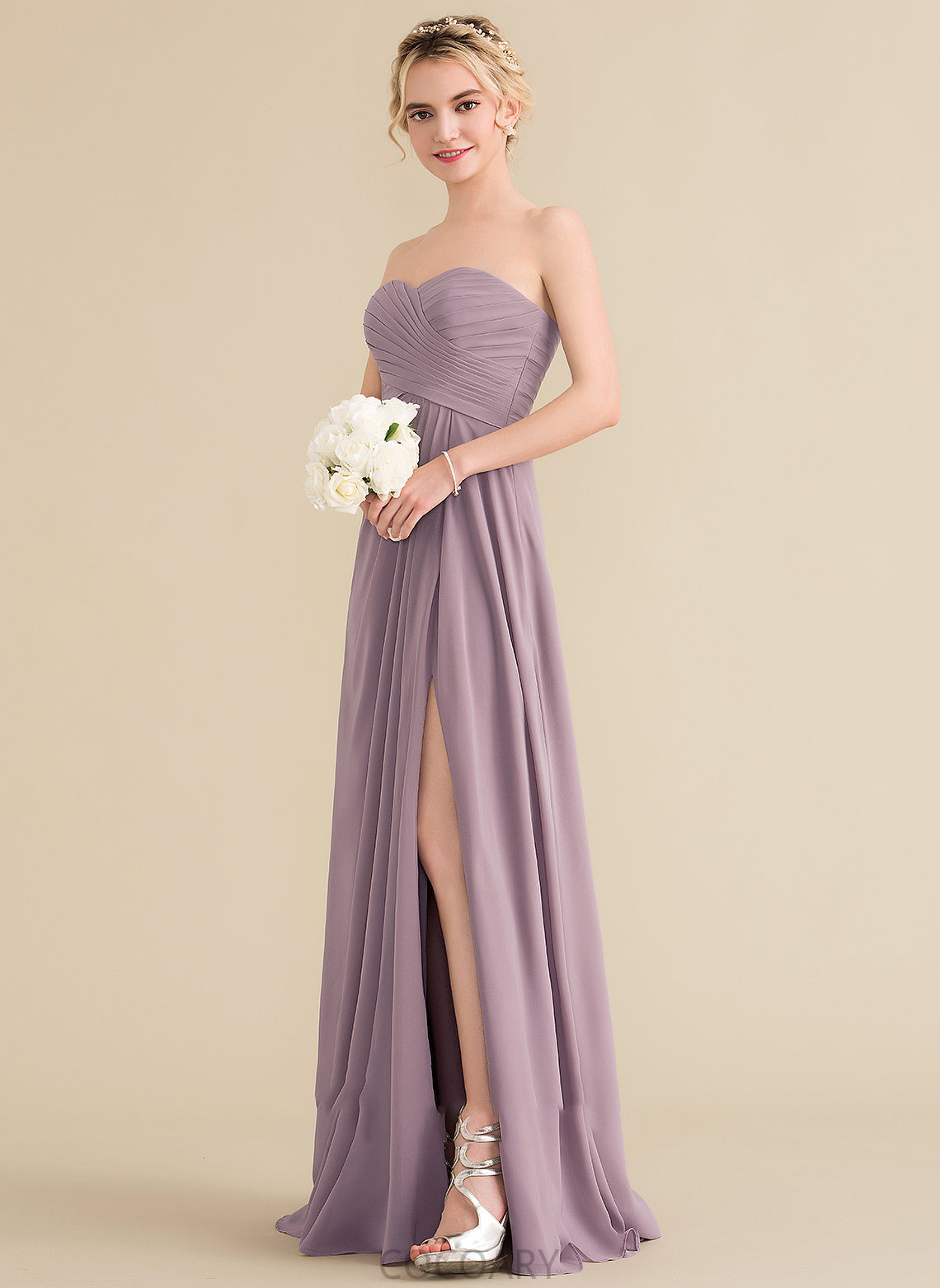 Length Silhouette Neckline SplitFront Fabric Ruffle Embellishment A-Line Floor-Length Sweetheart Avery Straps Bridesmaid Dresses