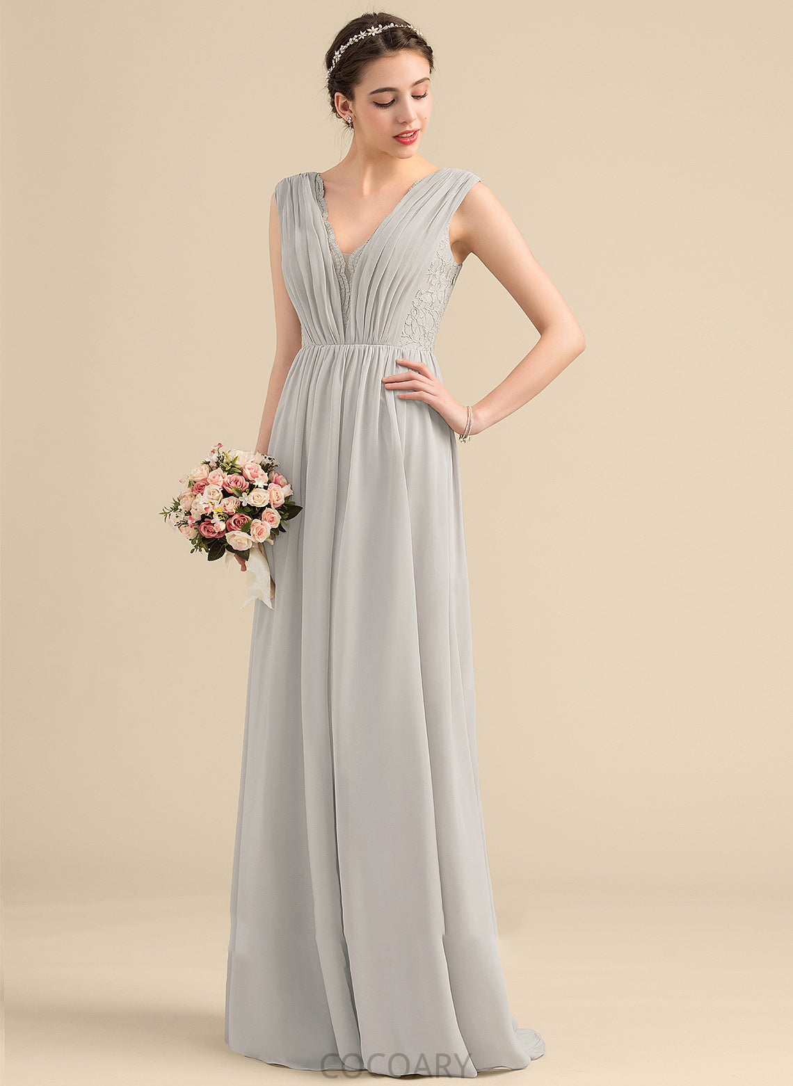 Length Ruffle Neckline Fabric Silhouette Floor-Length Embellishment V-neck A-Line Gloria Natural Waist V-Neck Bridesmaid Dresses