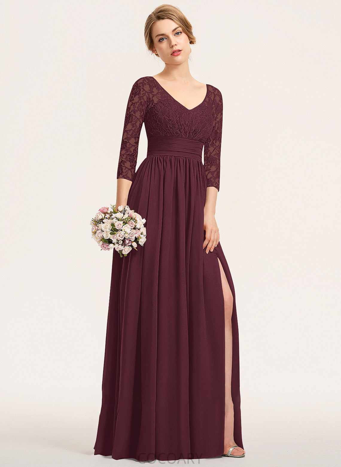 Floor-Length Fabric Neckline Silhouette A-Line SplitFront Embellishment Length Ruffle V-neck Rowan Straps Bridesmaid Dresses