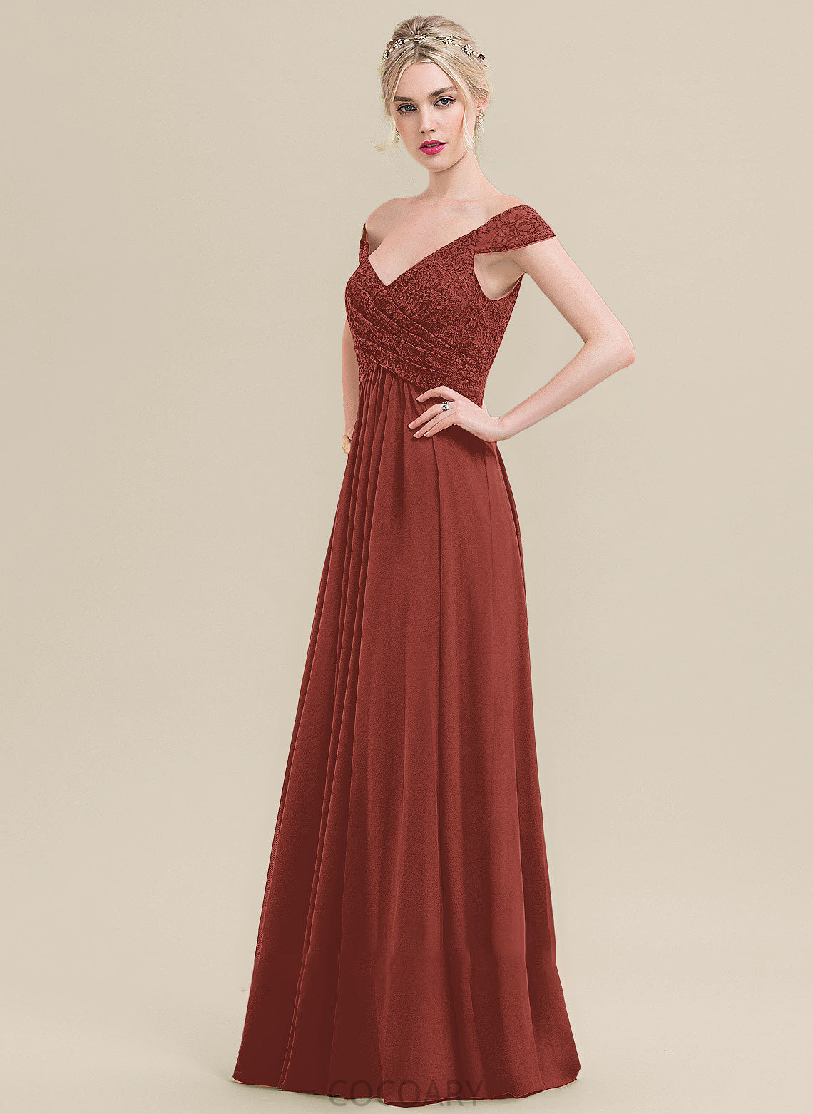 A-Line Silhouette Embellishment Off-the-Shoulder Neckline Length Fabric Ruffle Floor-Length Lillie Natural Waist V-Neck Bridesmaid Dresses