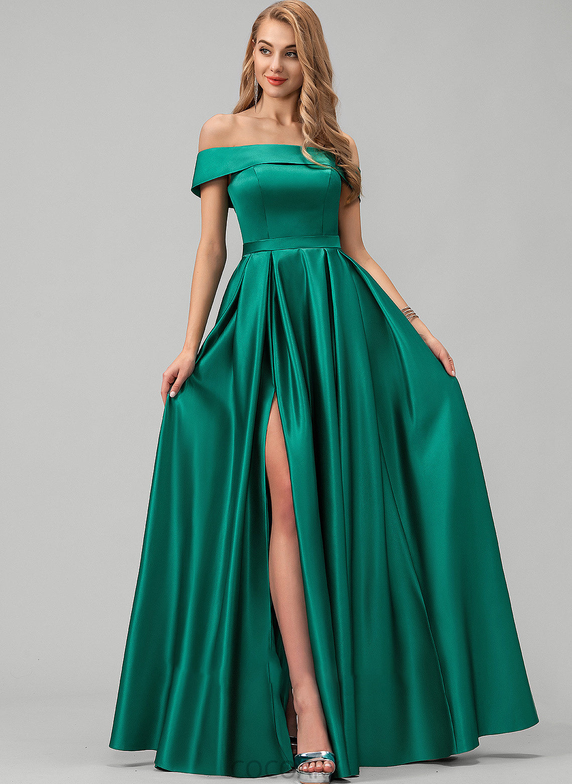 Floor-Length Neckline Embellishment Off-the-Shoulder Pockets Length Satin Fabric Straps SplitFront Asia Sleeveless Bridesmaid Dresses