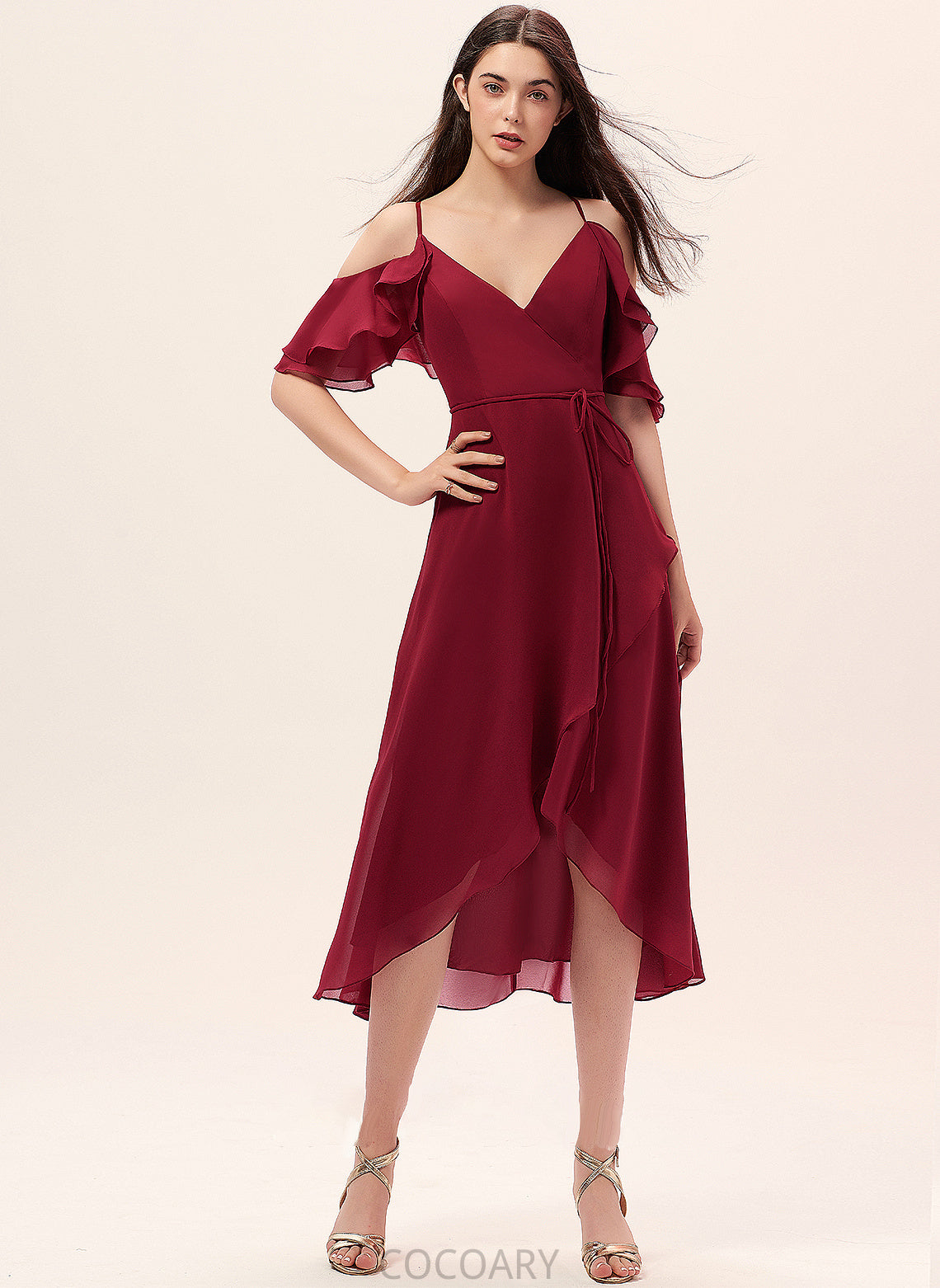 Asymmetrical Silhouette Neckline A-Line Length CascadingRuffles V-neck Fabric Embellishment Ximena Sleeveless Off The Shoulder Bridesmaid Dresses