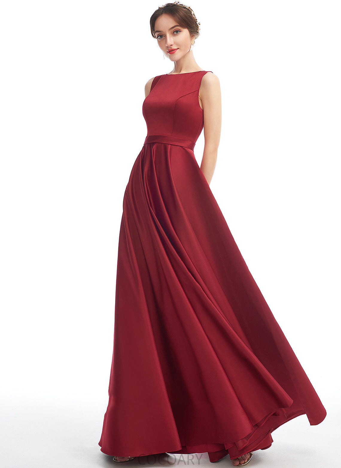 Straps Floor-Length Fabric Length Silhouette Satin ScoopNeck A-Line Neckline Leanna Sleeveless Natural Waist Bridesmaid Dresses