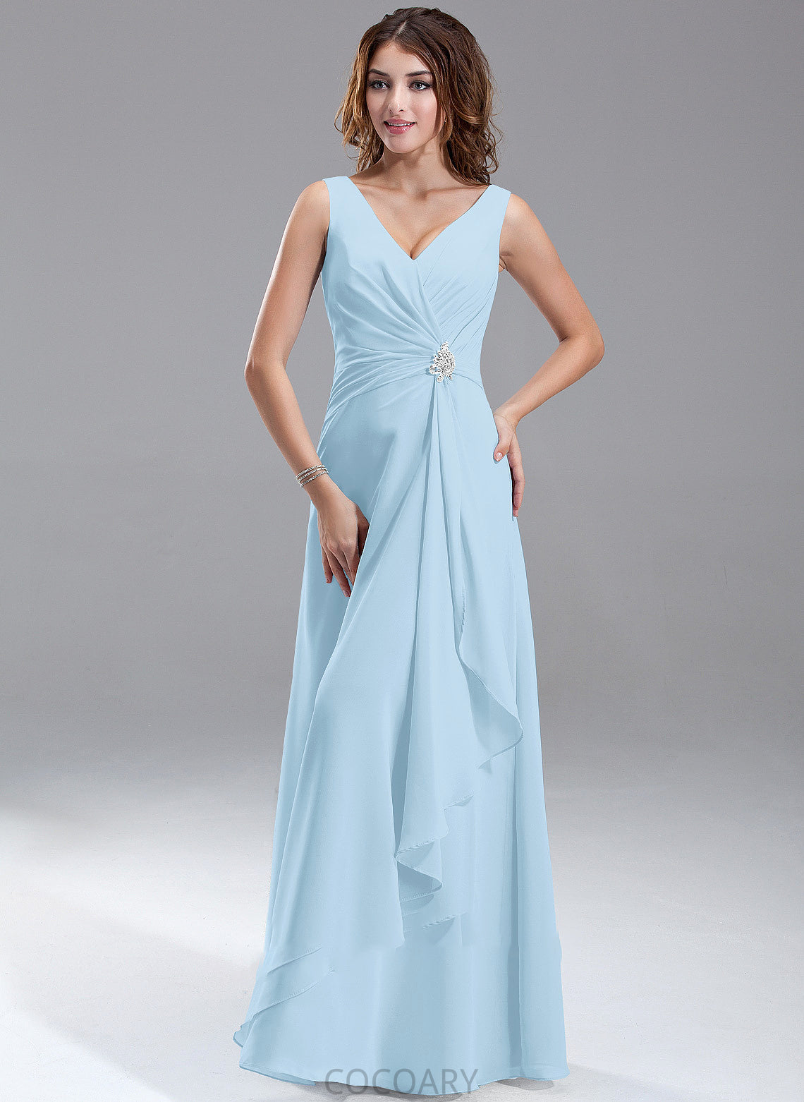 Floor-Length Silhouette CascadingRuffles Embellishment Length Fabric A-Line Neckline Beading V-neck Joselyn Floor Length Bridesmaid Dresses