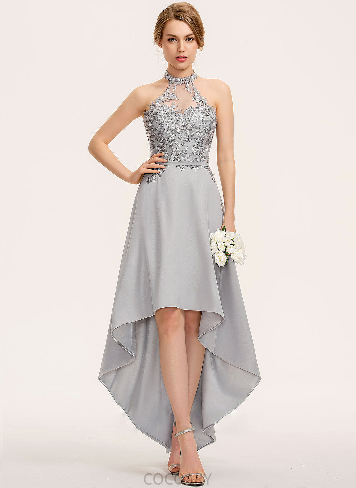 Neckline Length Straps Asymmetrical Halter Silhouette Fabric Lace A-Line Gabriella A-Line/Princess Sleeveless Bridesmaid Dresses