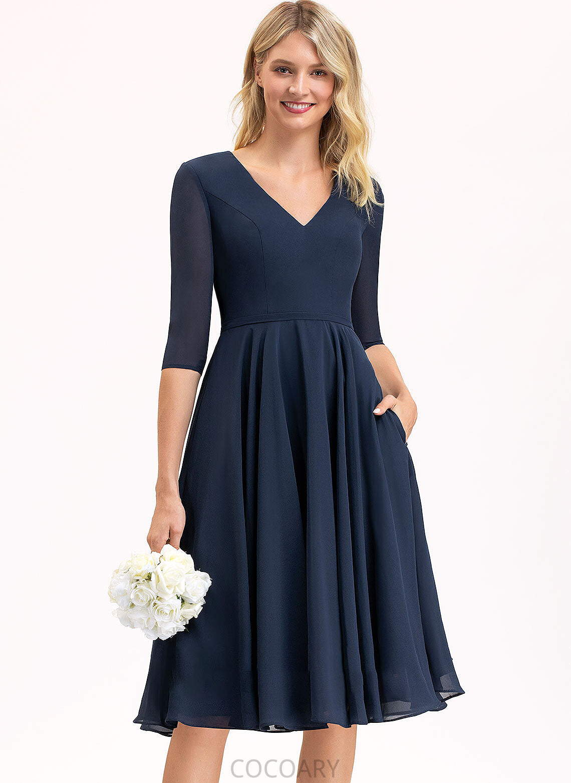 Neckline Fabric Length V-neck Embellishment Knee-Length A-Line Pockets Silhouette Robin Natural Waist Spaghetti Staps Bridesmaid Dresses