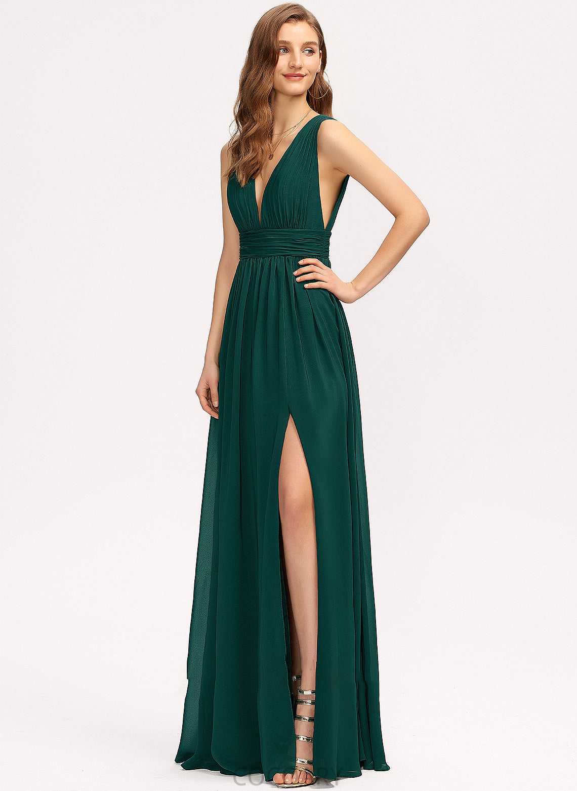 SplitFront Floor-Length Embellishment Silhouette Length V-neck A-Line Neckline Fabric Macie Floor Length Sheath/Column Bridesmaid Dresses