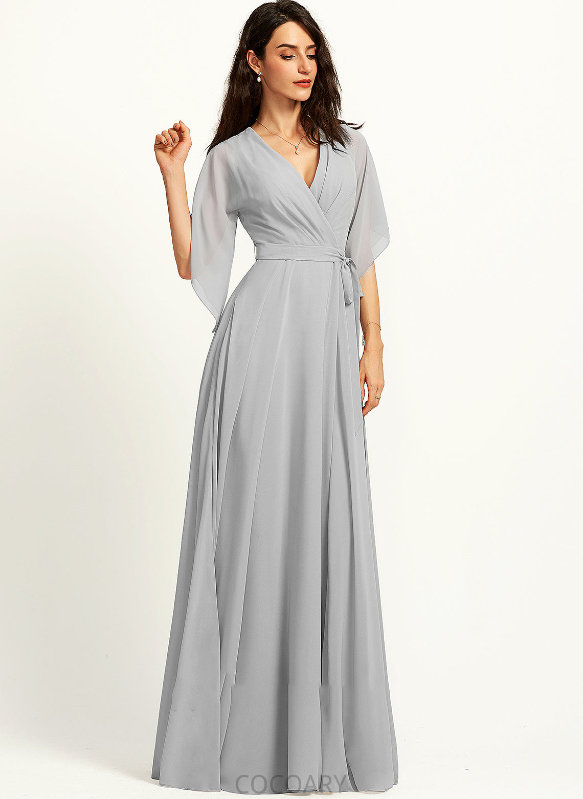 Floor-Length A-Line V-neck Ruffle SplitFront Silhouette Embellishment Fabric Neckline Length Hope Off The Shoulder Bridesmaid Dresses