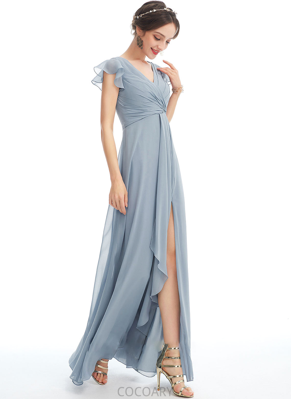 Neckline Ruffle Floor-Length A-Line Length Fabric Silhouette SplitFront Embellishment V-neck Eden Floor Length Bridesmaid Dresses