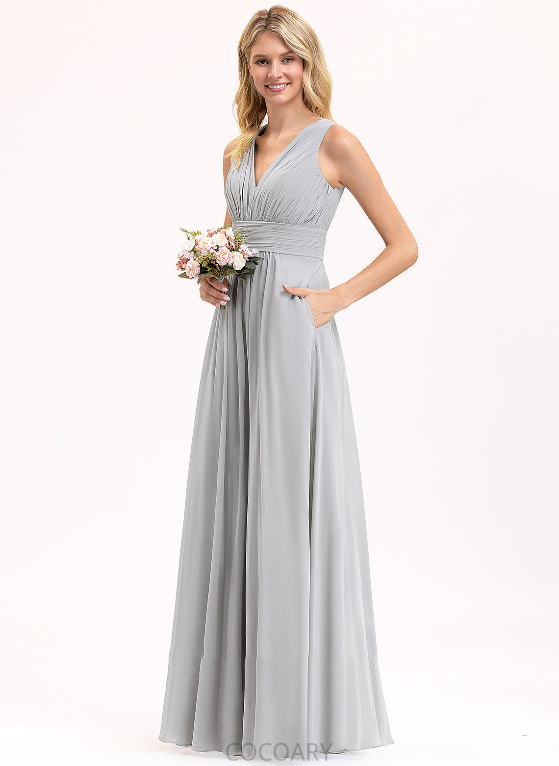 A-Line Pockets Floor-Length Bow(s) V-neck Length Fabric Ruffle Embellishment Silhouette Neckline Elaine Bridesmaid Dresses