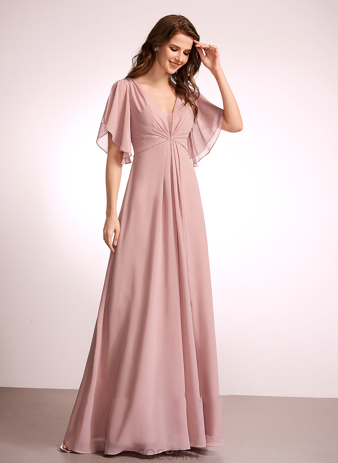 Straps A-Line Silhouette Length V-neck Floor-Length Neckline Fabric Janice Spaghetti Staps Sleeveless A-Line/Princess Bridesmaid Dresses