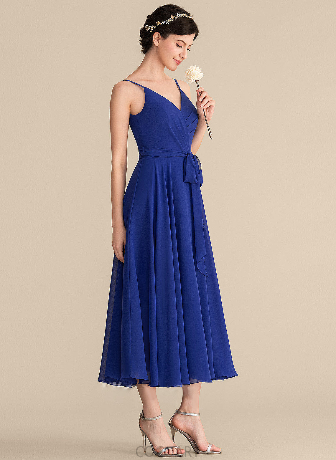 Ruffle A-Line V-neck Fabric Bow(s) Embellishment Silhouette Length Tea-Length Neckline Naima Floor Length Bridesmaid Dresses