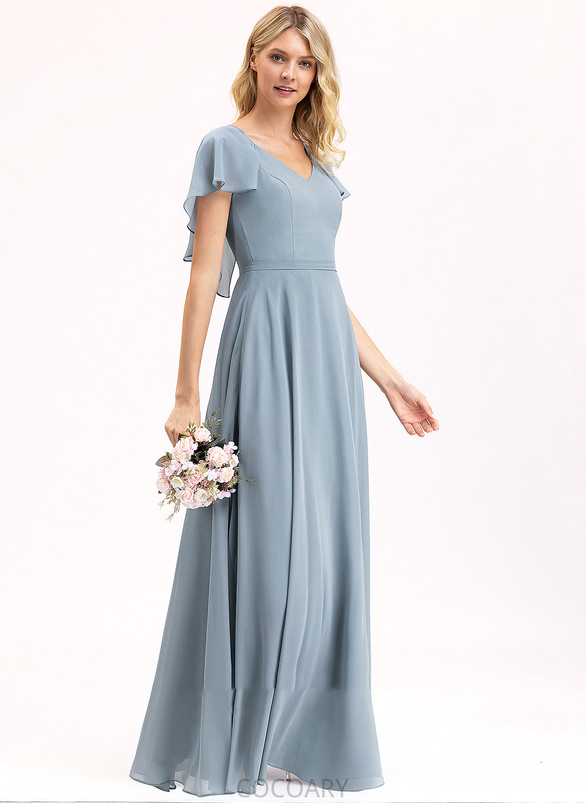 V-neck A-Line Silhouette Embellishment Length Floor-Length CascadingRuffles Neckline Fabric Elisa Sleeveless A-Line/Princess Bridesmaid Dresses