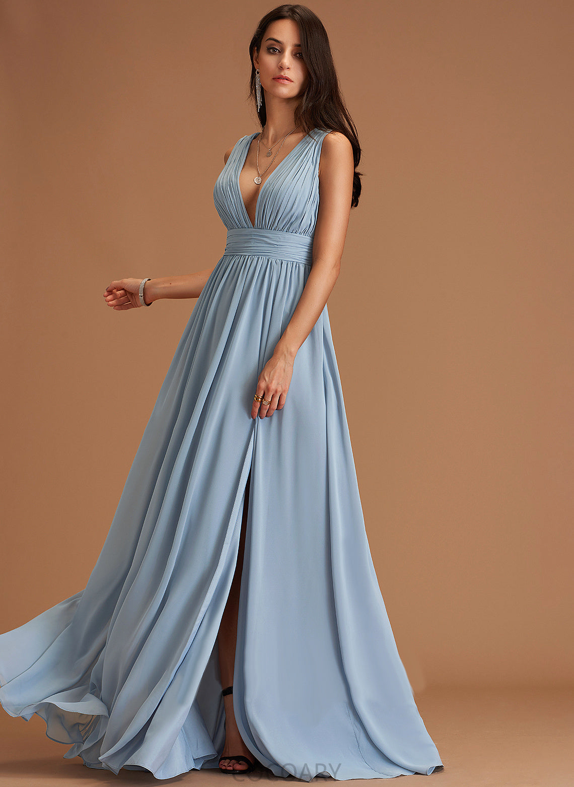 Embellishment Silhouette Fabric Length A-Line V-neck Floor-Length Neckline SplitFront Jaidyn Natural Waist Spandex Bridesmaid Dresses