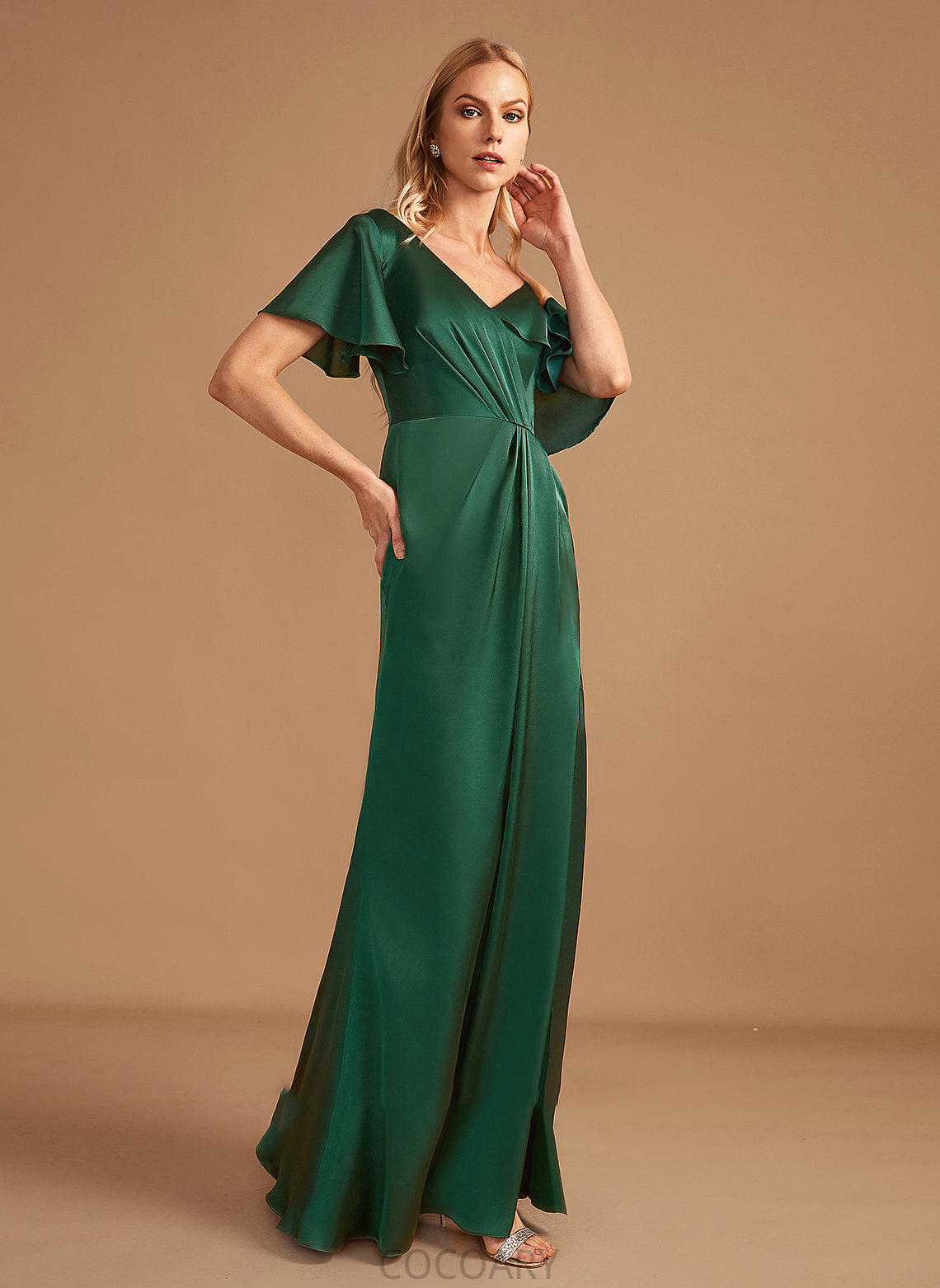 Silhouette SplitFront Embellishment Sheath/Column Fabric Neckline V-neck Floor-Length Length Hanna Spaghetti Staps Natural Waist Bridesmaid Dresses