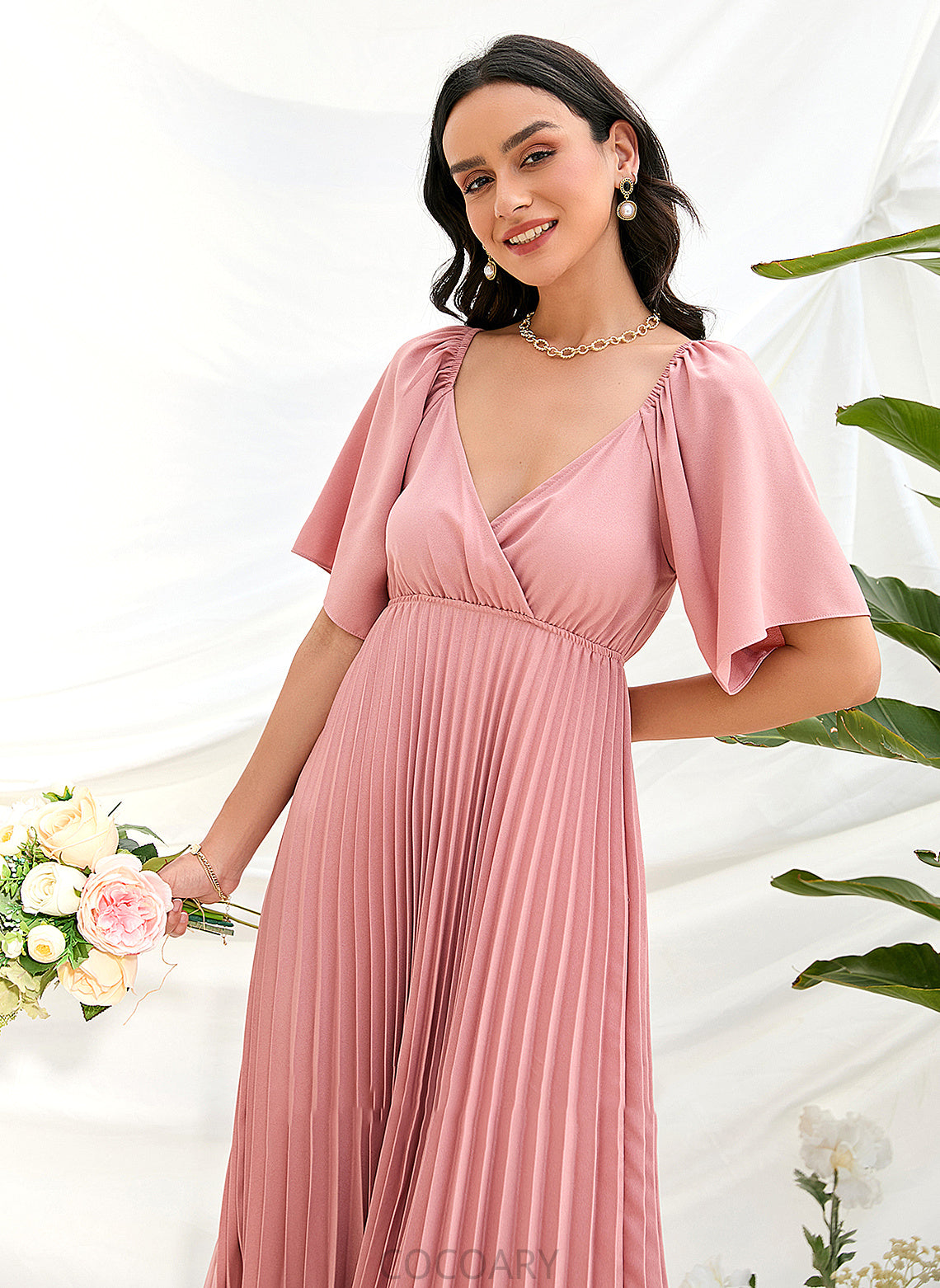 Neckline V-neck Length Embellishment Pleated Fabric Silhouette Tea-Length A-Line Jane A-Line/Princess Natural Waist Bridesmaid Dresses