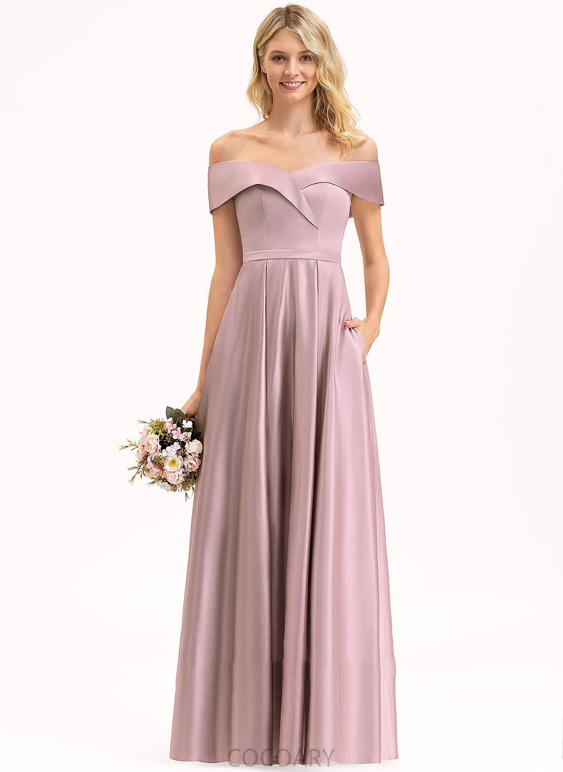 Embellishment Pockets Fabric Neckline Off-the-Shoulder Length A-Line Floor-Length Silhouette Poll Sheath/Column Sleeveless Bridesmaid Dresses