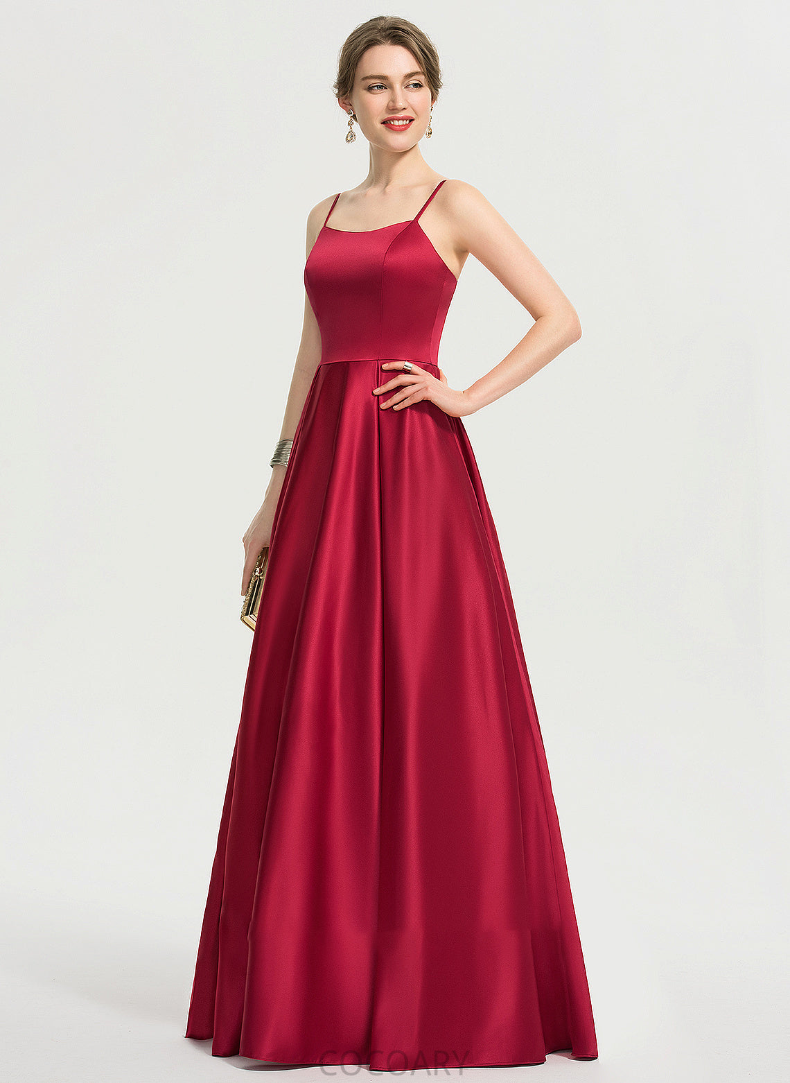 Fabric Length Sleeve SquareNeckline A-Line Satin Silhouette Floor-Length Neckline Avery Natural Waist V-Neck Bridesmaid Dresses