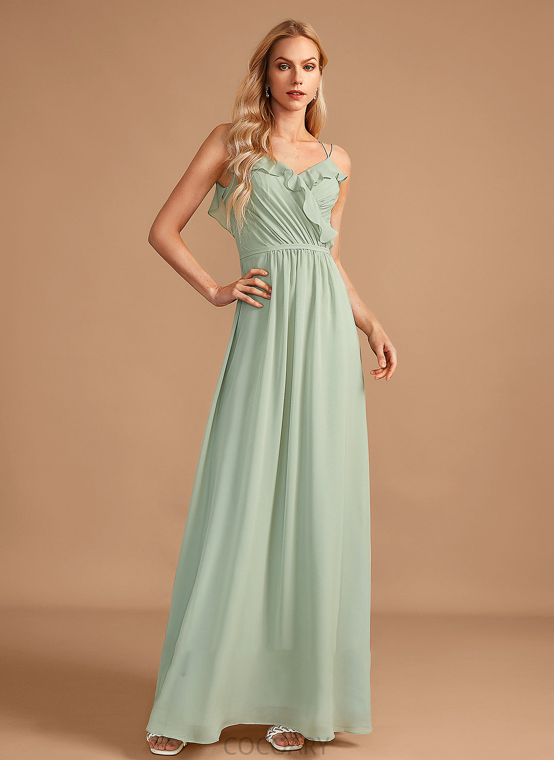 V-neck Length Silhouette Neckline Floor-Length Embellishment Fabric Ruffle A-Line Ava Floor Length Sleeveless Bridesmaid Dresses