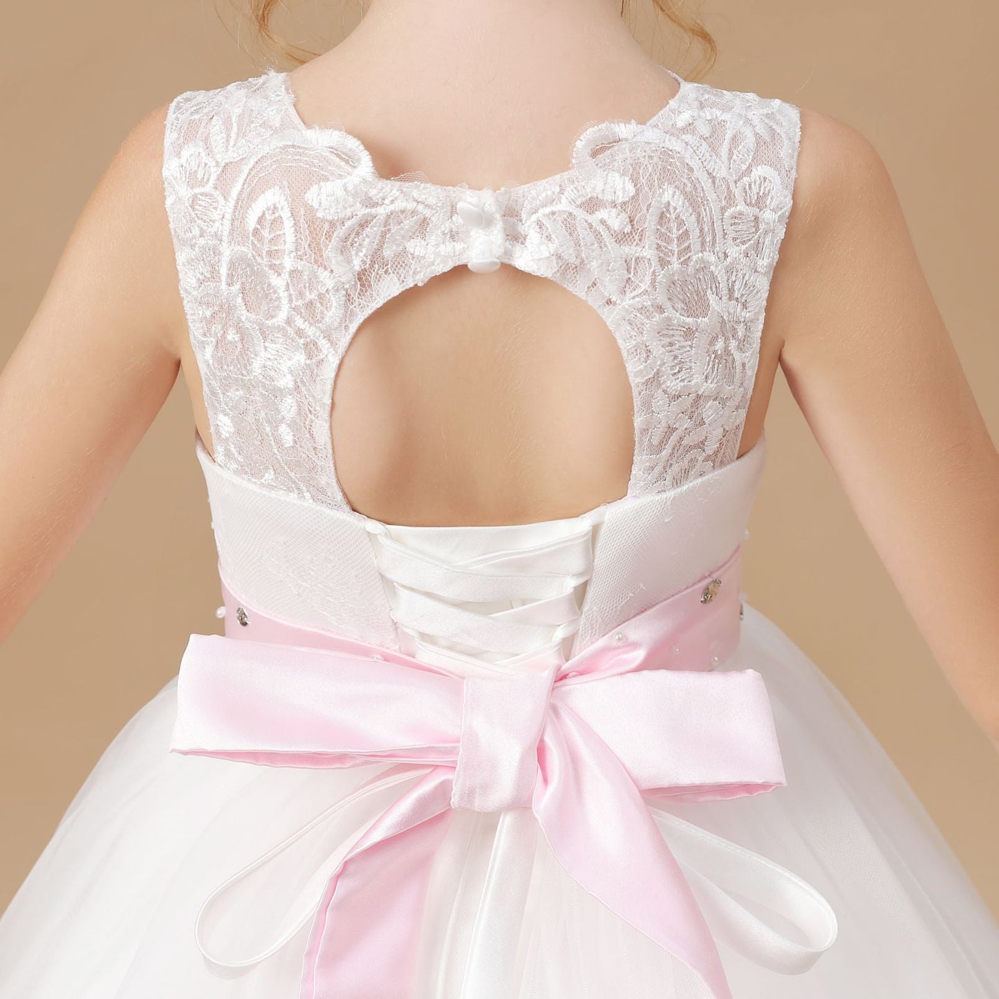 Floor-length Sleevelesss Lace Tulle Satin Flower Girl Dresses With Pink Bowknot Sash