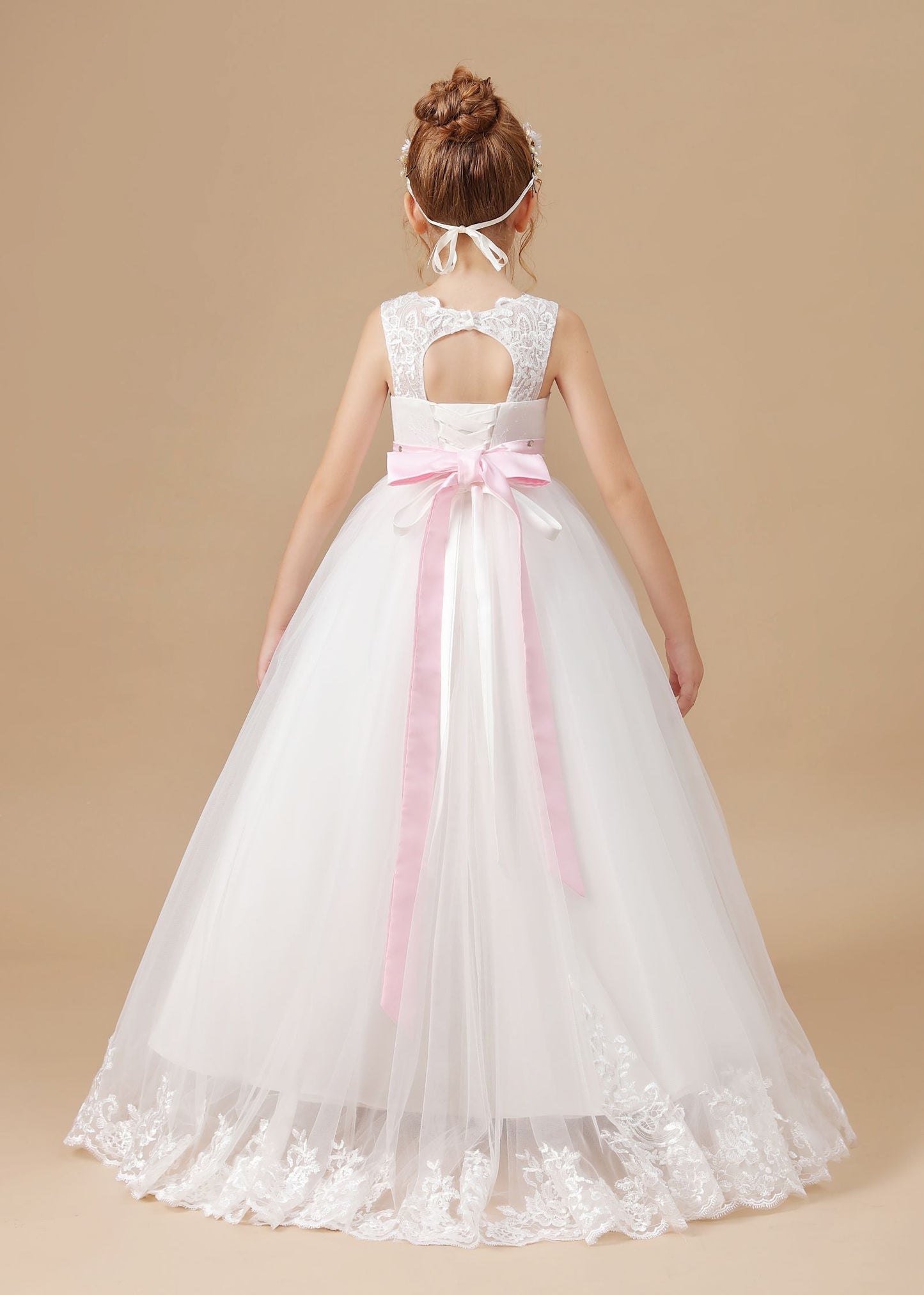 Floor-length Sleevelesss Lace Tulle Satin Flower Girl Dresses With Pink Bowknot Sash