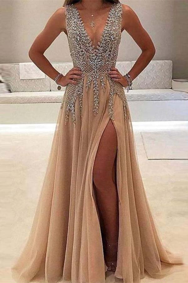 Stunning Sleeveless V Neck Open Back With Beading Prom Dresses