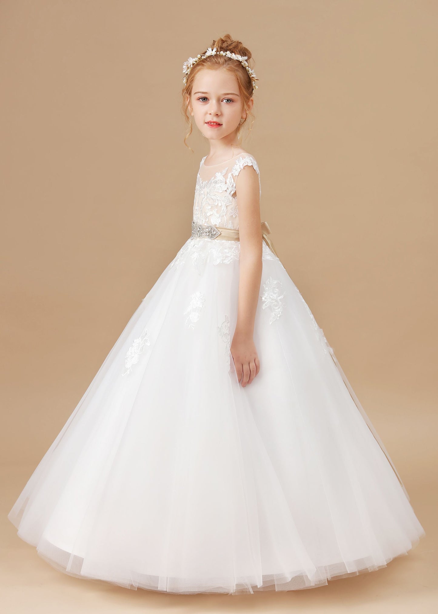 Ivory Sleeveless Tulle Satin Flower Girl Dresses With Champagne Bowknot