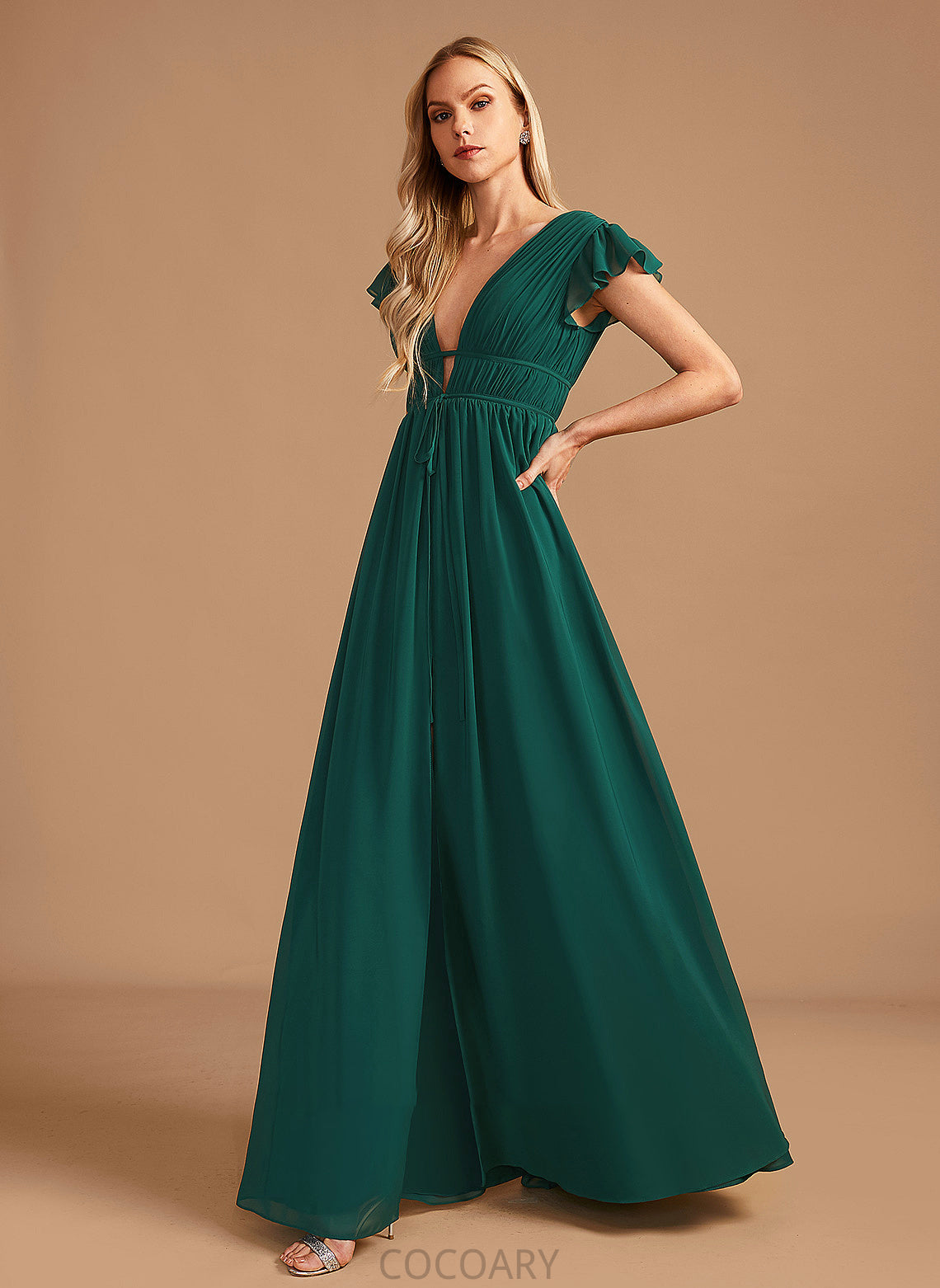 Silhouette Floor-Length Embellishment A-Line V-neck Fabric Neckline SplitFront Length Julie Floor Length Natural Waist Bridesmaid Dresses