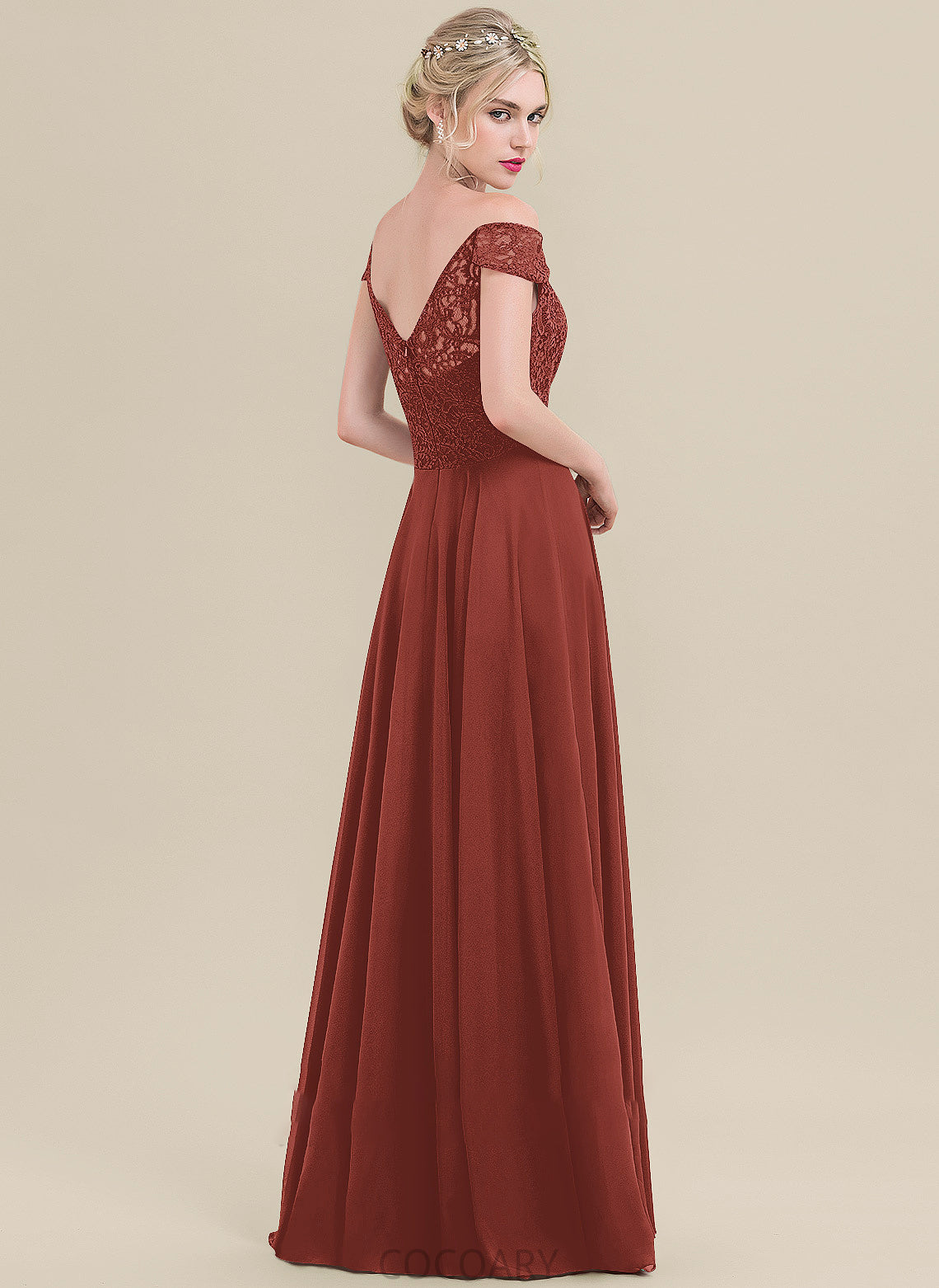 A-Line Silhouette Embellishment Off-the-Shoulder Neckline Length Fabric Ruffle Floor-Length Lillie Natural Waist V-Neck Bridesmaid Dresses