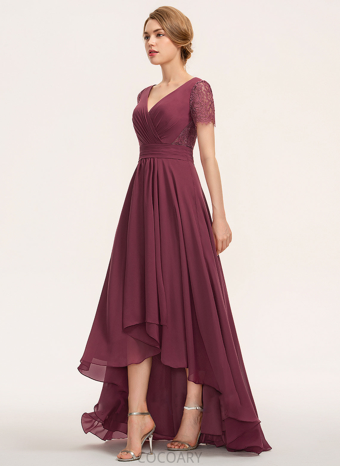 A-Line Asymmetrical Neckline Ruffle Length V-neck Fabric Embellishment Silhouette Zoie One Shoulder Sleeveless Bridesmaid Dresses