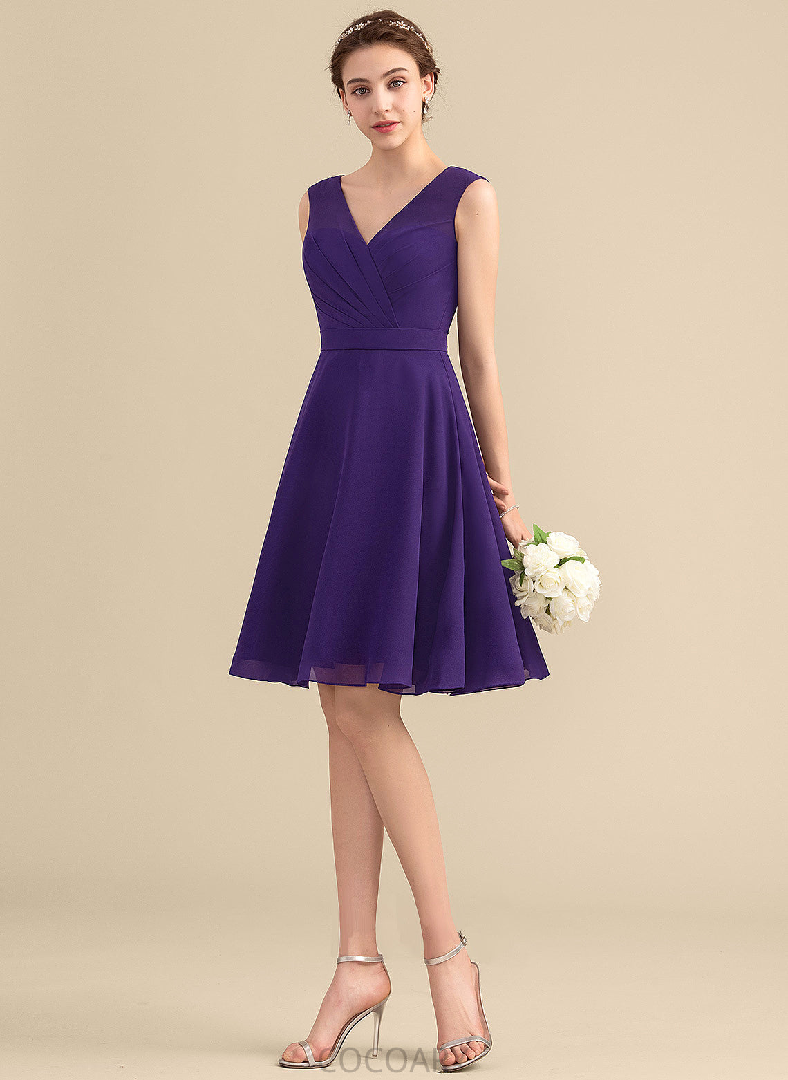 Silhouette Ruffle Knee-Length V-neck Neckline Embellishment A-Line Fabric Length Damaris Sleeveless Spaghetti Staps Bridesmaid Dresses