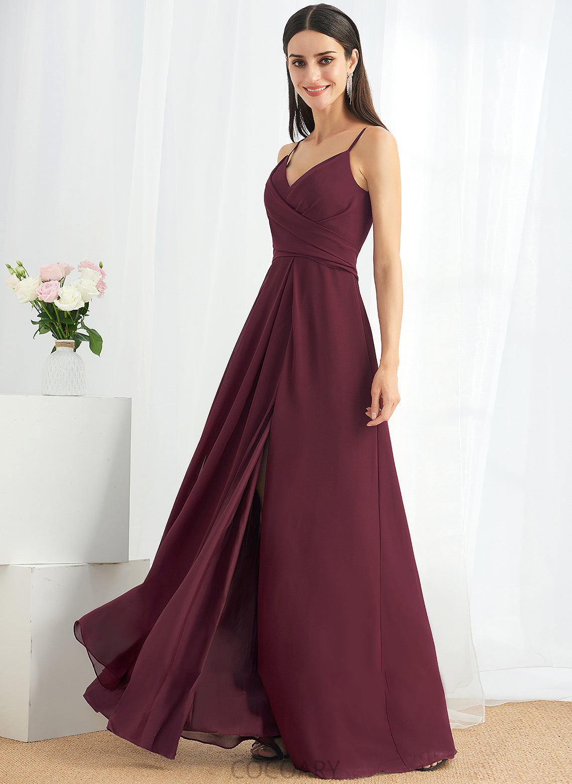 V-neck Silhouette Floor-Length Ruffle SplitFront Fabric Embellishment Neckline Length A-Line Gabriela Sleeveless Bridesmaid Dresses