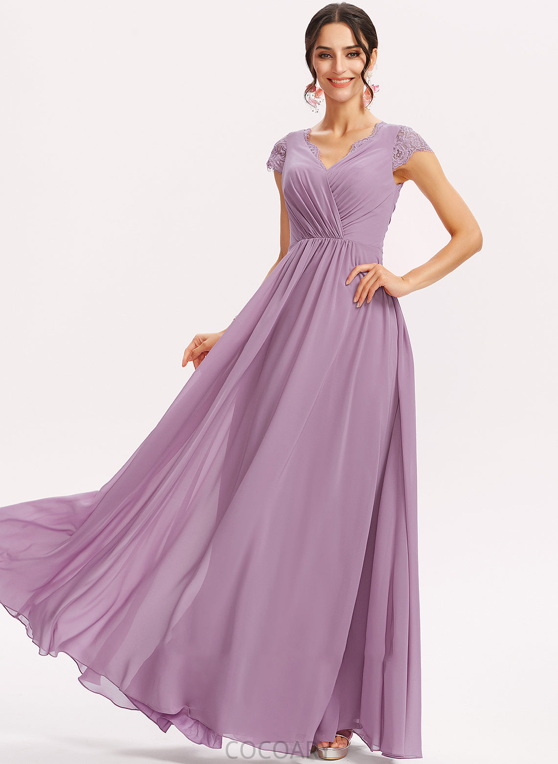 Fabric Silhouette Floor-Length A-Line Neckline Embellishment V-neck Length Lace Aleah Natural Waist Floor Length Bridesmaid Dresses