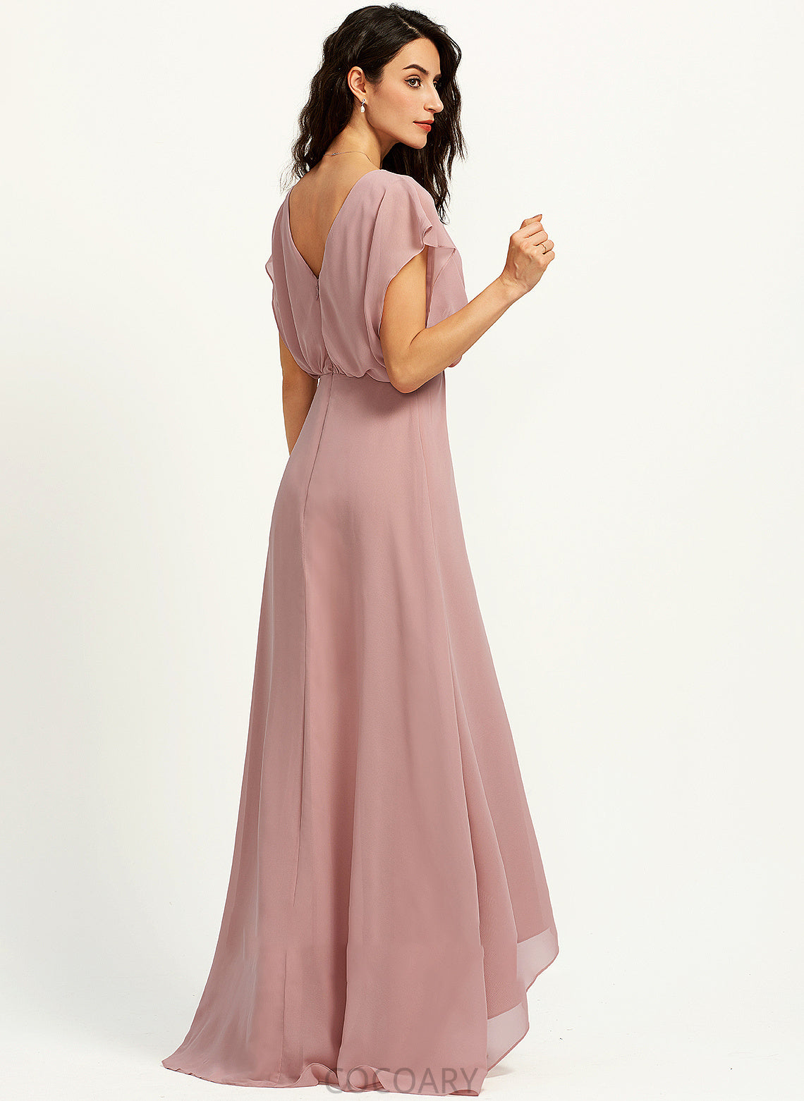 A-Line V-neck Silhouette Length Embellishment Neckline Asymmetrical Fabric SplitFront Thelma Natural Waist Straps Bridesmaid Dresses