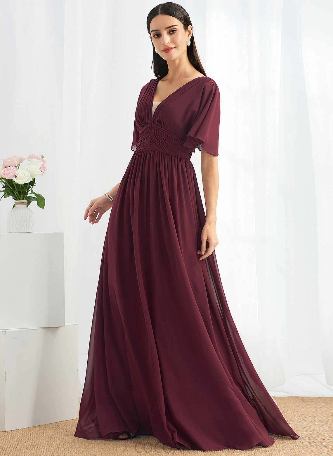 Fabric Floor-Length V-neck A-Line Silhouette Ruffle Neckline Embellishment Length Sloane Sleeveless Straps Bridesmaid Dresses