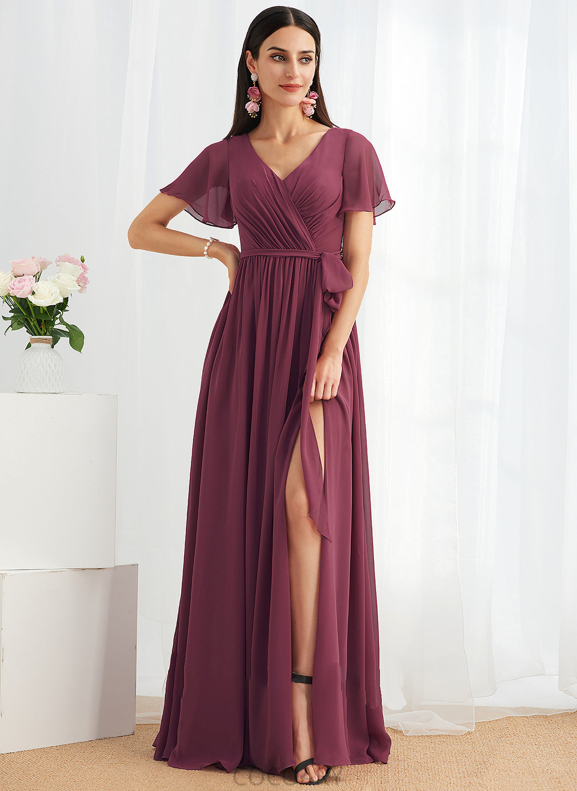 V-neck Floor-Length Length Silhouette A-Line SplitFront Neckline Embellishment Fabric Siena A-Line/Princess Sleeveless Bridesmaid Dresses