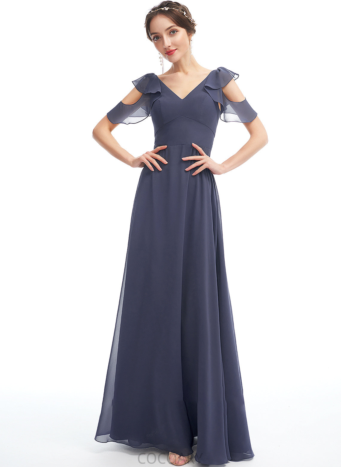 V-neck Ruffle Embellishment Floor-Length A-Line Silhouette Length Neckline Fabric Eliza Sleeveless One Shoulder Bridesmaid Dresses